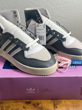 adidas High-Top Sneakers in White, Gray & Pink Accents